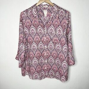Chicos No Iron Pink V-Neck Collared Linen Button Up Shirt Travel Women's 3 US XL